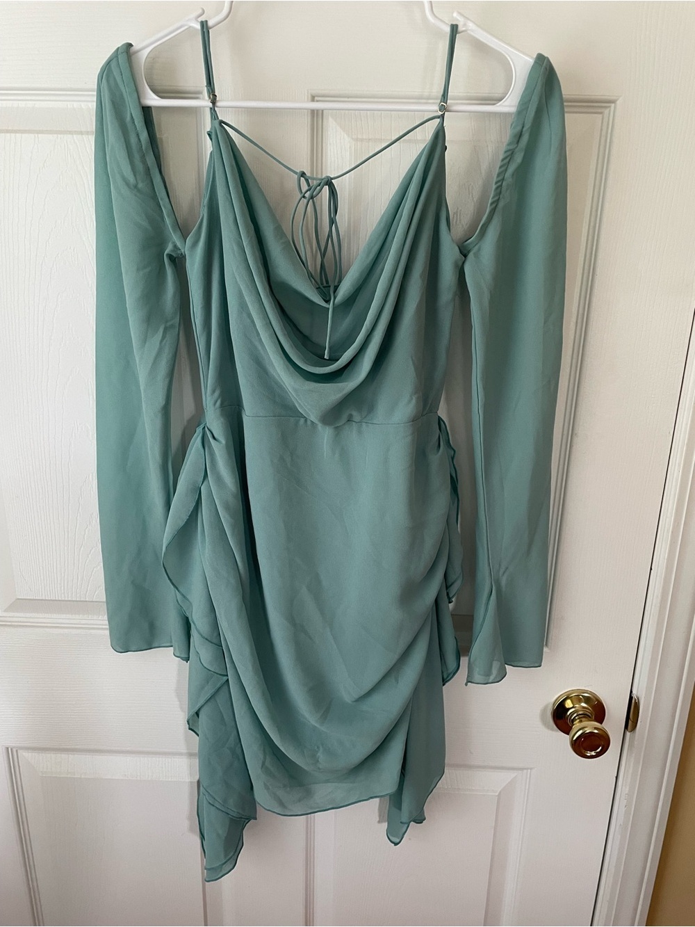 NWT Oh Polly Sage Green Chiffon Mini Dress Cowl Back Cold Shoulder US 4